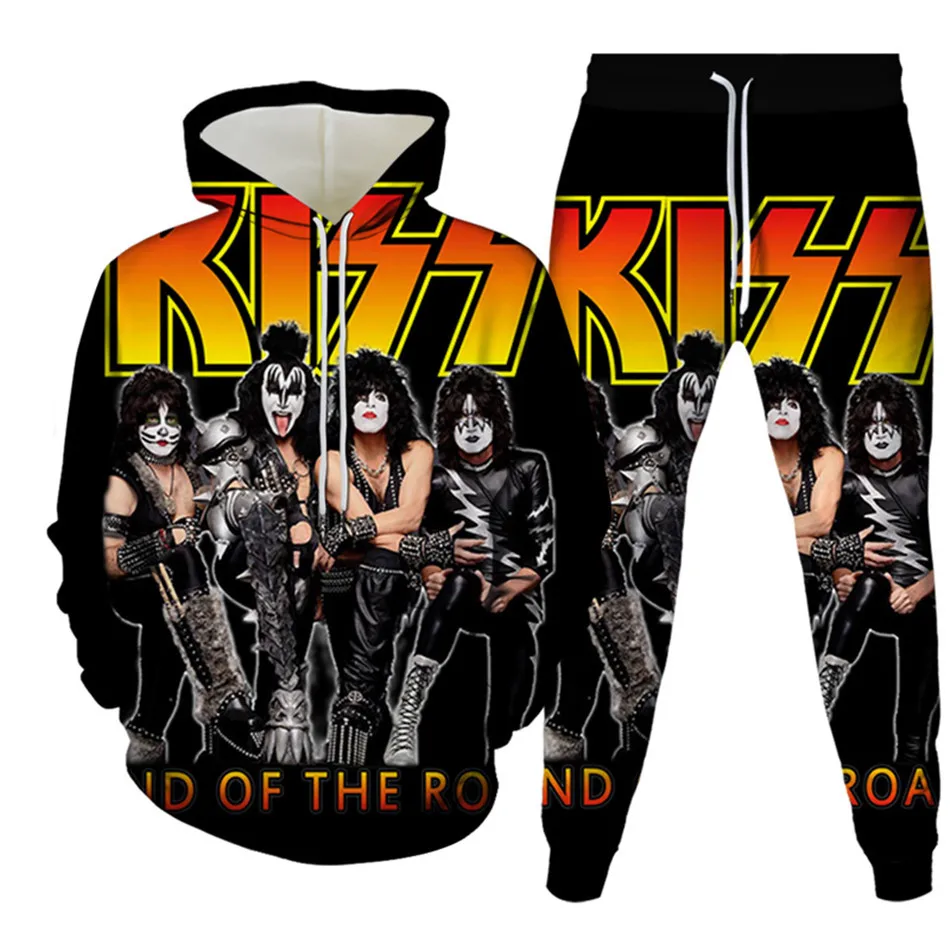 2PCs Women Tracksuit Sets Female Casual Clown Party Kiss Rock Band Music Print Clothes Men Hoodies Trousers Suit Plus Size S-6XL