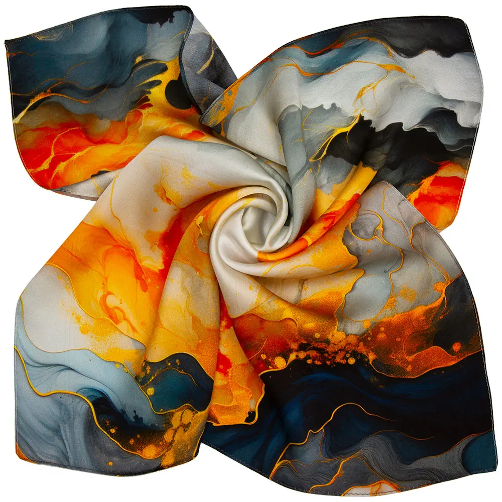 53cm 100% Natural Silk Scarf Women Designer Abstract Marble Foulard Luxury Orange Grey Bandana Ladies Neck Square Hair Head Wrap