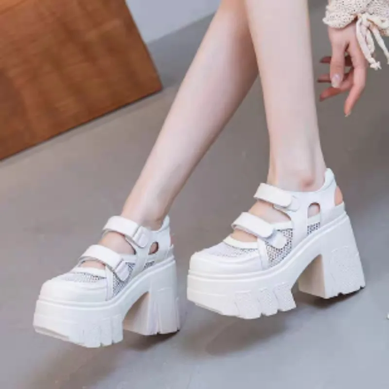 Ladies Gothic Punk Platform Sandals Black Mesh Splicing Double Buckle Strap Super Chunky Heel Closed Toe Daily Party Footwear