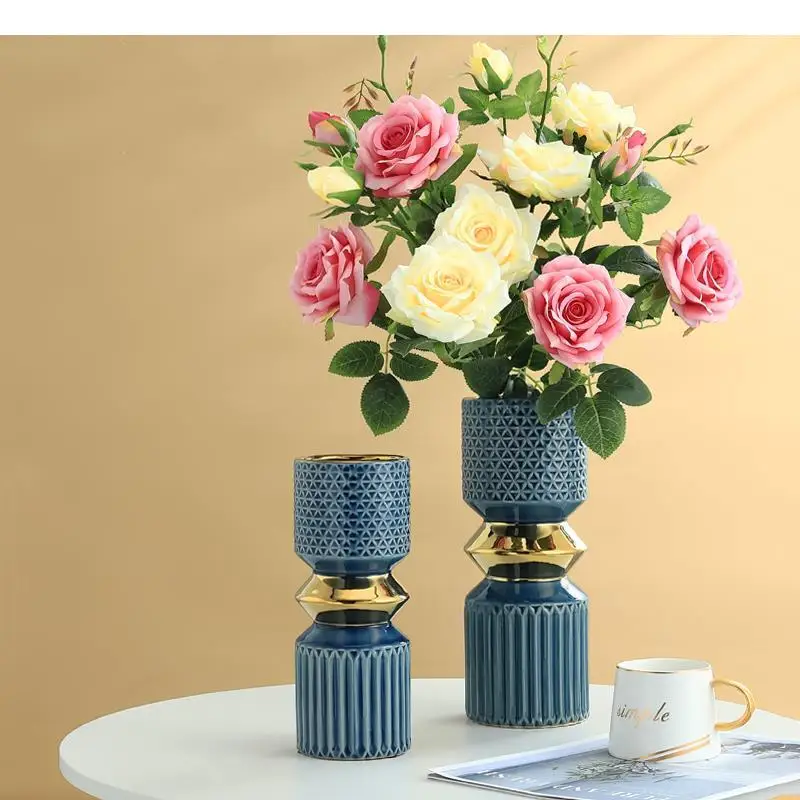 Ceramic Vase Golden Geometry Flower Arrangement Hydroponics Desktop Crafts Modern Home Decoration Vases Decor