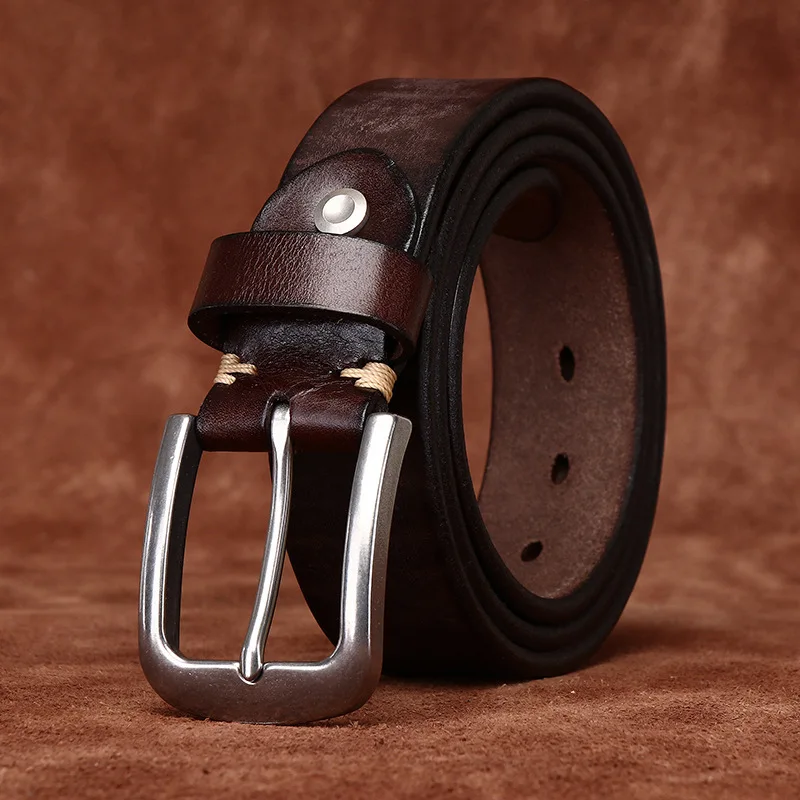 

Rare and extra thick top layer cowhide belt men's genuine leather stainless steel buckle washed retro simple casual belt