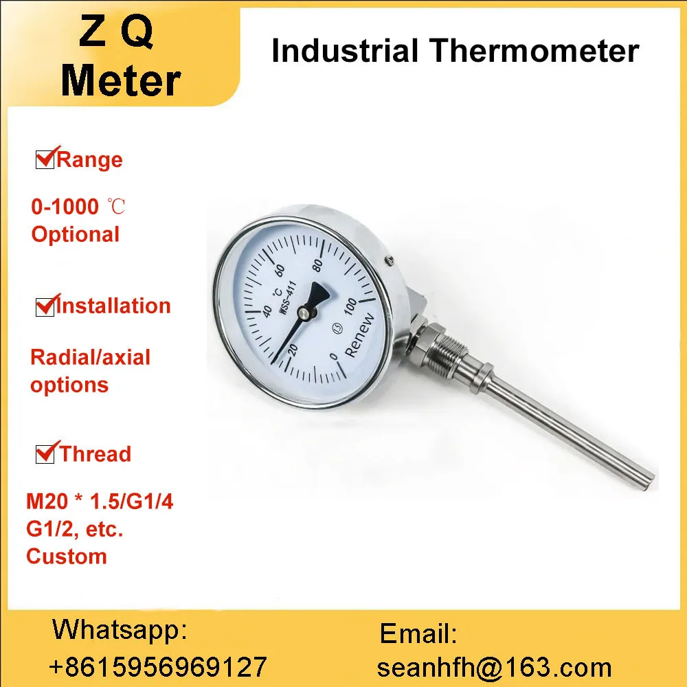 Bimetallic thermometer industrial radial axial shock resistant Universal Stainless Steel digital display base sleeve