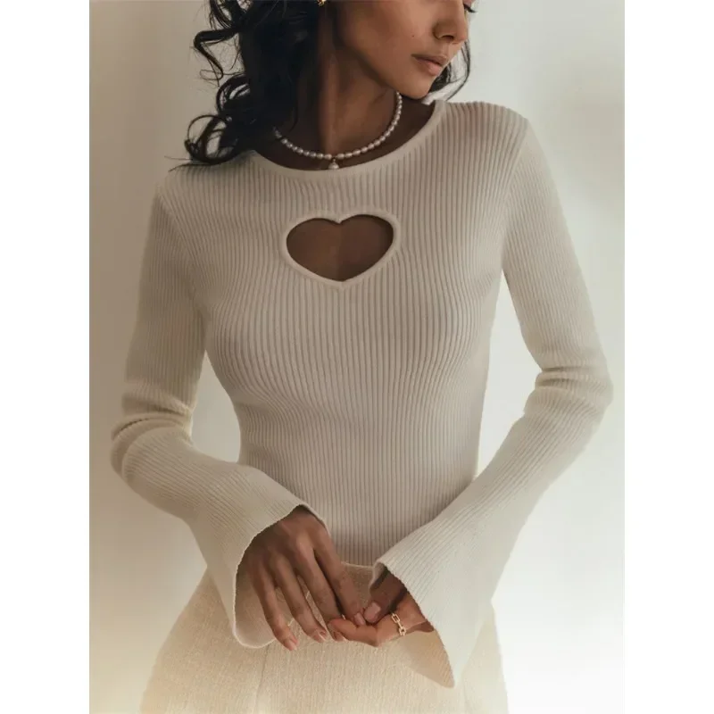 Ribbed Knitted Full Flare Long Sleeve Sweater Heart Shape Hollow Out Slim Pullover Jumper Women Casual Y2k Fashion Streetwear