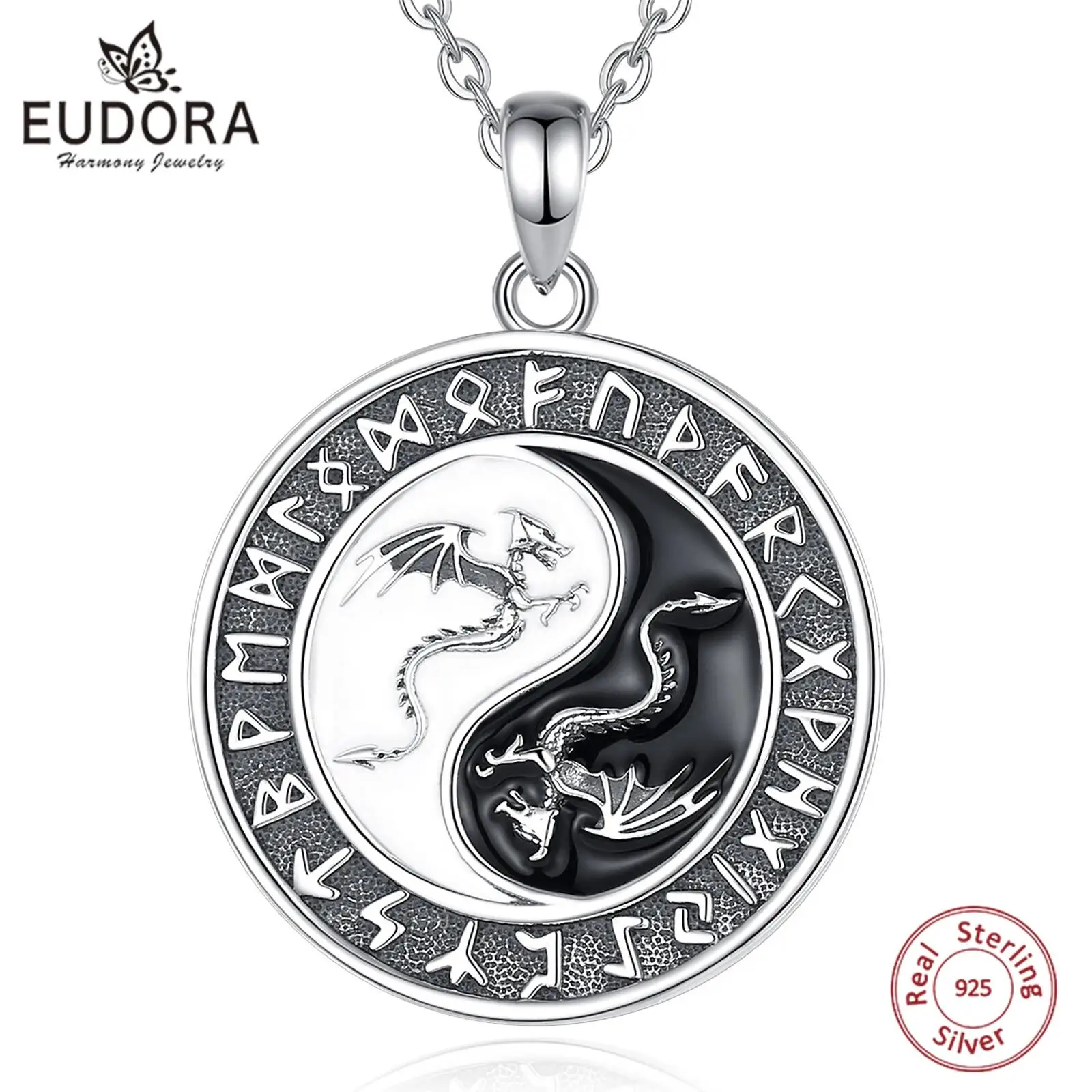 

Eudora 925 Sterling Silver Viking Runes Dragon Necklace for Women Man Yin Yang Tai Chi Amulet Pendant Personality Jewelry Gift