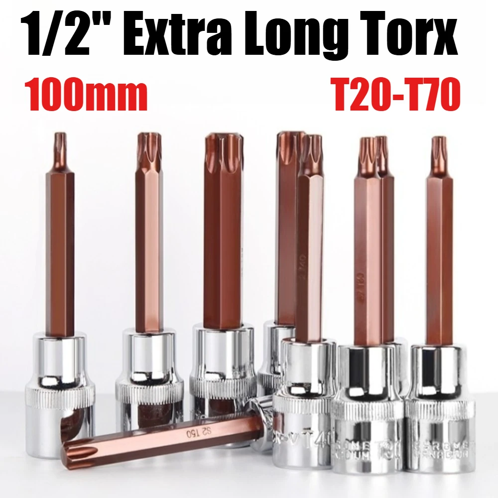 Soquete Torx de 1/2 polegada T20-T70 extra longo 100mm, bits estrela masculinos, bits estrela confiáveis para mecânicos e projetos DIY
