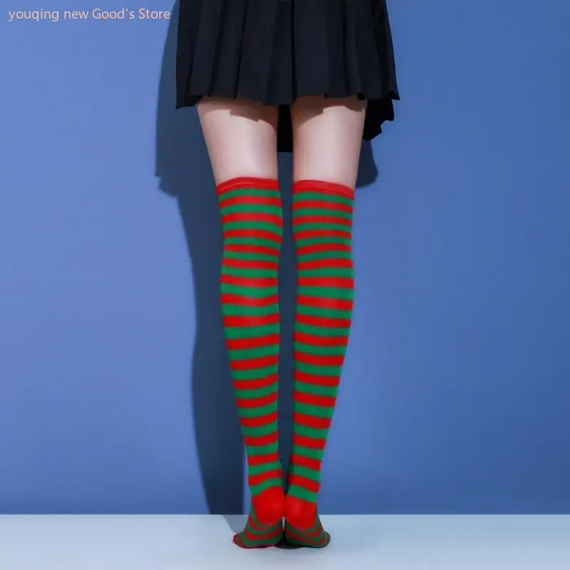 

49ME Knit Thumb Hole Gloves+Knee Socks Winter Half Finger Mitten Thicken Keep Warm Christmas Striped Calf Sock for Girls