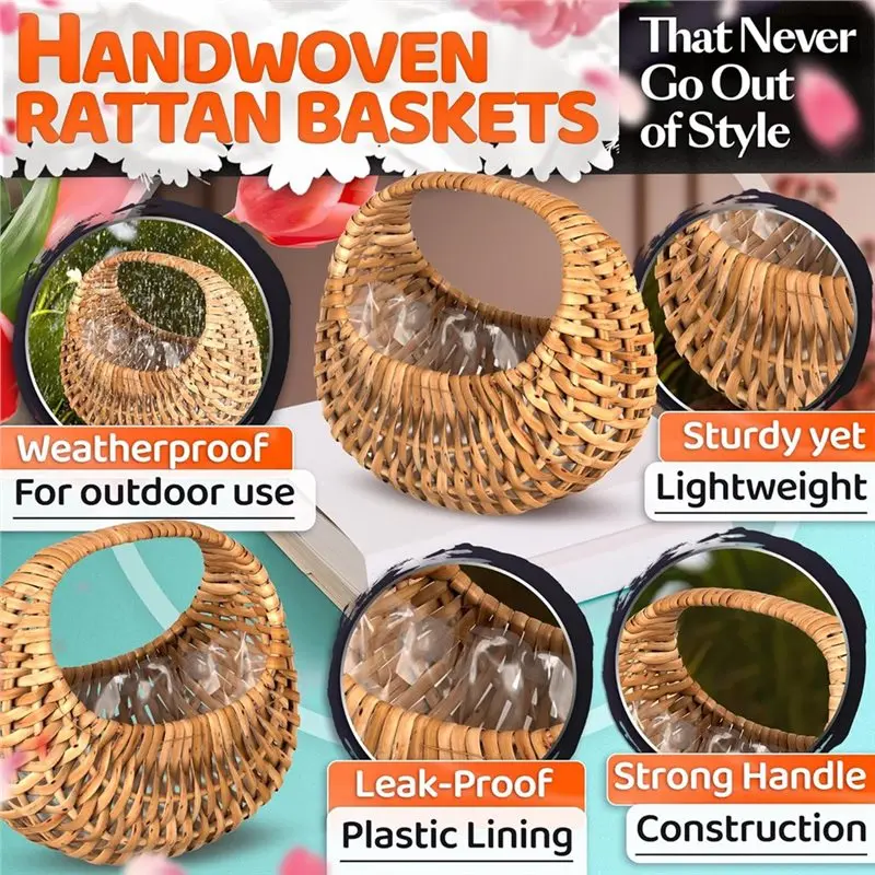 A88E-Small Flower Girl Basket Set Of 2-Waterproof Lining& Handle Wicker Baskets In Rustic Style For Wedding Flowers