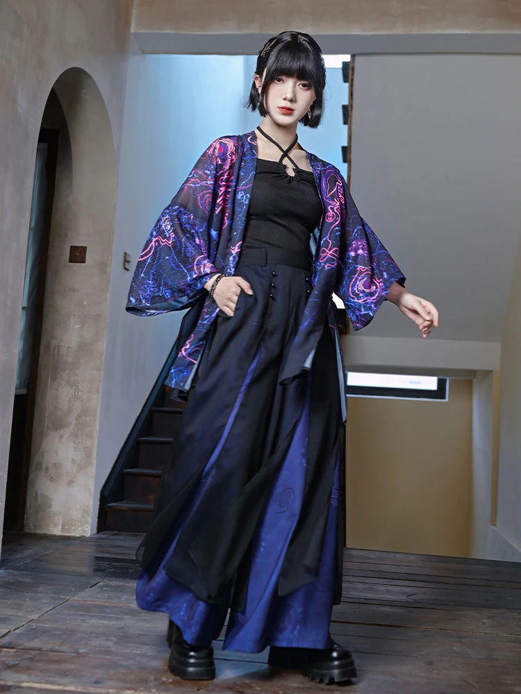 

Dark Double-Layer Printed New Chinese Wide-Leg Pants Women's Loose Broken Stitching National Style Trousers