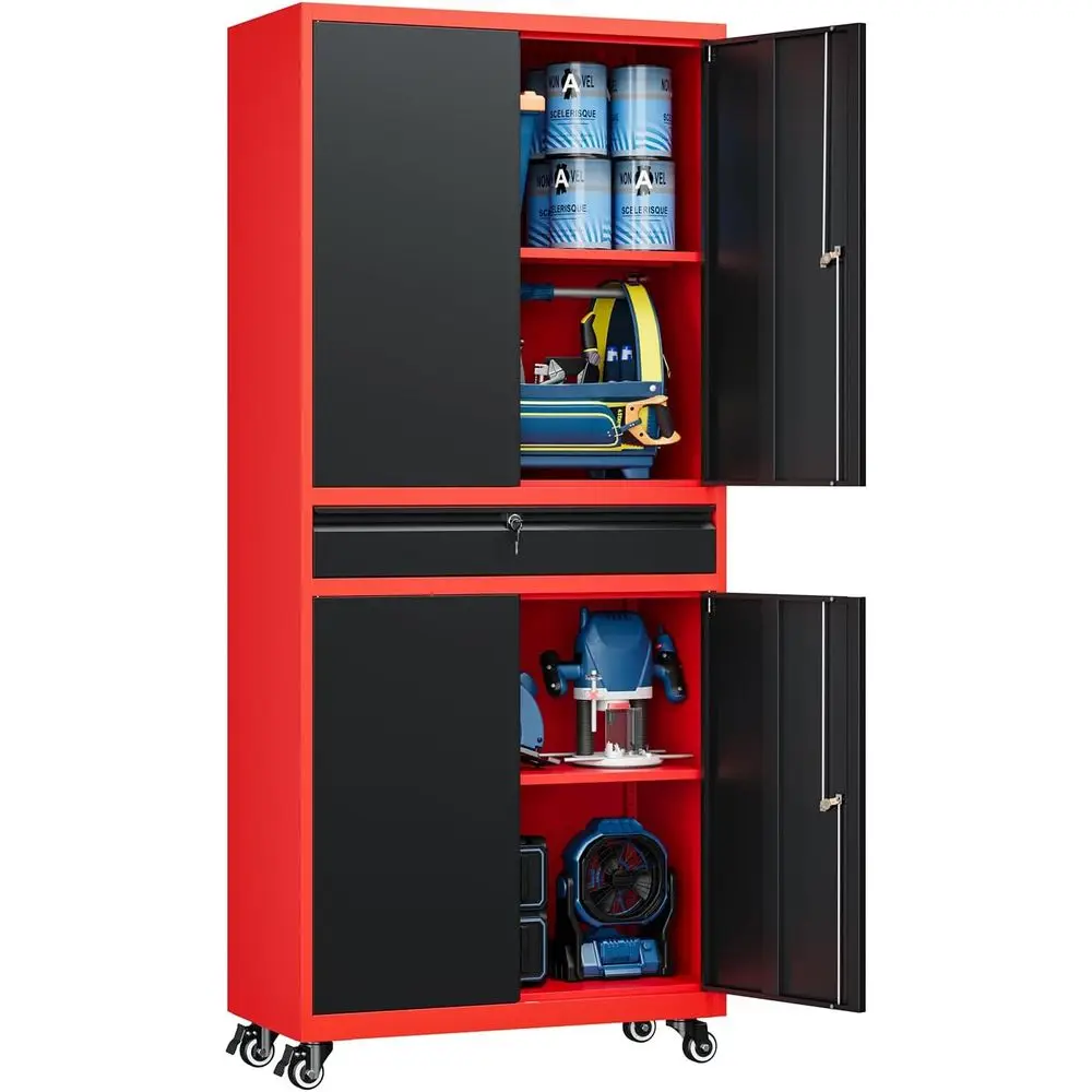 

Безопасный шкаф для инструментов на колесиках 73 с регулируемыми полками и 4 колесами для гаража/склада (красный и черный)