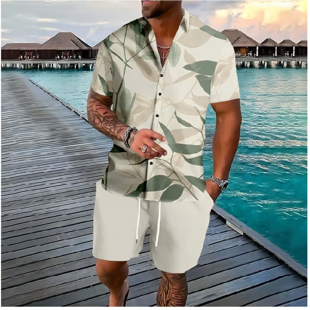 Fashion Color Leaf 3D Print Men Shirt Sets Short Sleeve Shirt Oversized Casual Beach Shorts Streetwear Hawaiian Suits Clothes