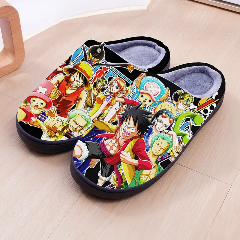 Pantuflas de invierno con estampado del logotipo de Luffy, personaje de la serie de anime One Piece, con diseño de calavera, forro de felpa, cálidas, suaves, antideslizantes, para usar en interiores, en casa.