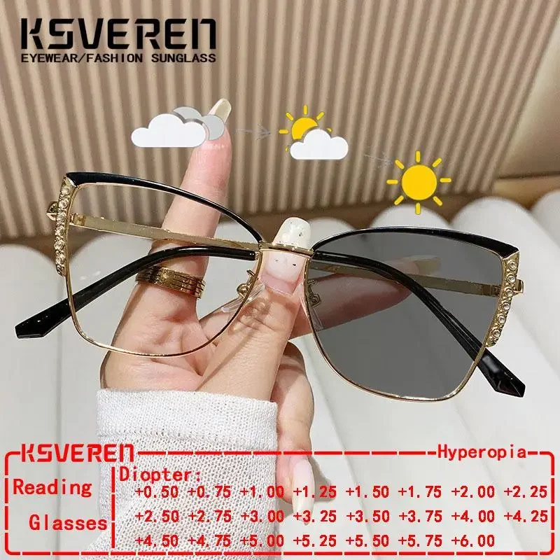 

Cat Eye Photochromic Reading Glasses Women Designer Diamond Decor Alloy Prescription Glasses Color Changing Eyewear