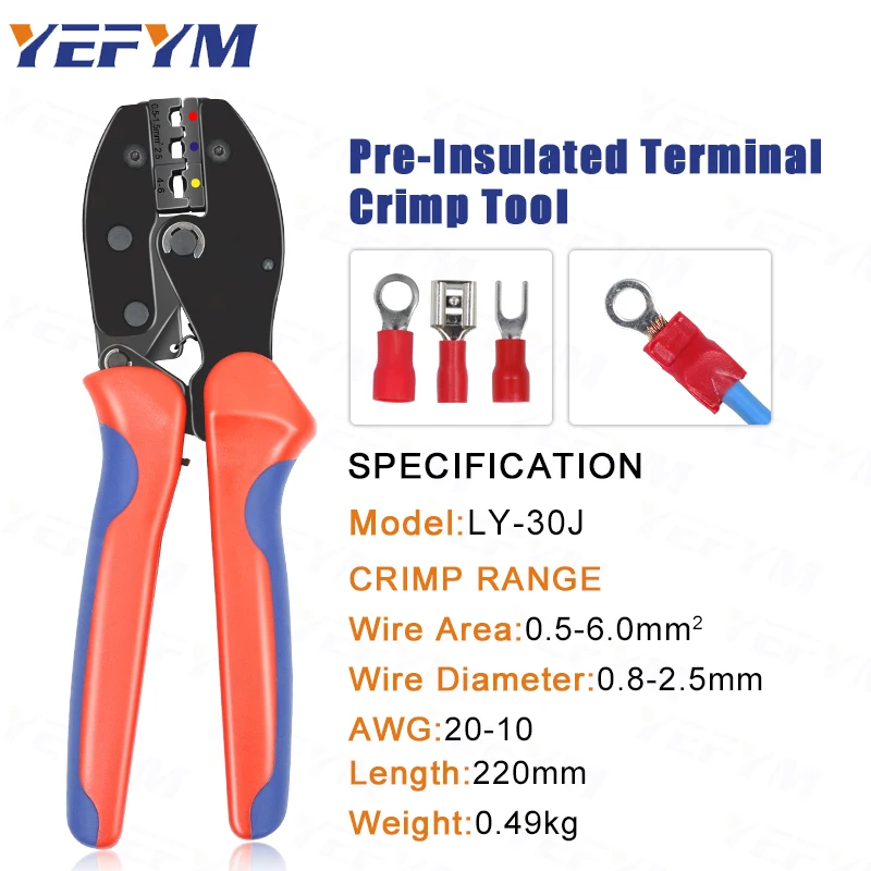 RV/SV/FDD/MDD Insulated  Terminals & Connectors Crimping Tools LY-30J 22-10 AWG/0.5-6mm² Ratchet Electrical YEFYM Pliers