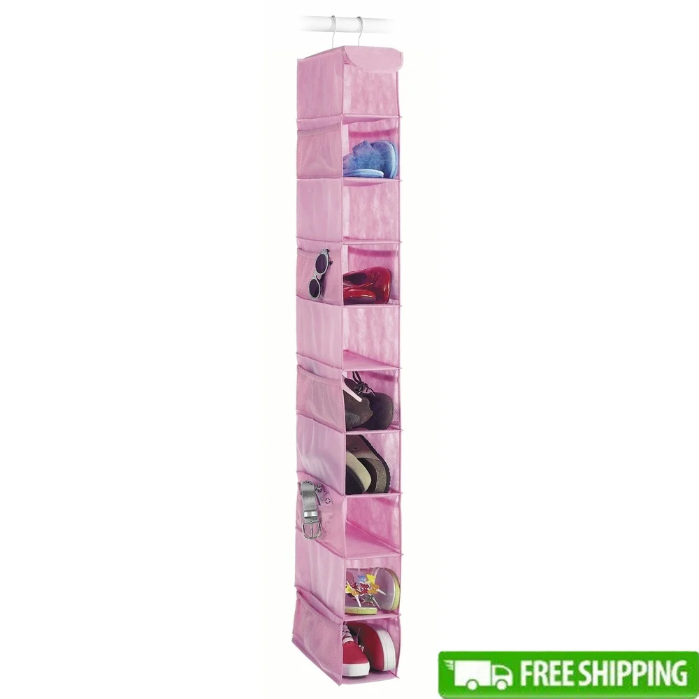 

10-Shelf Hanging Shoe Organizer Polyester Mesh Storage Shoes Toys Accessories Easy Install Closet Rod Use