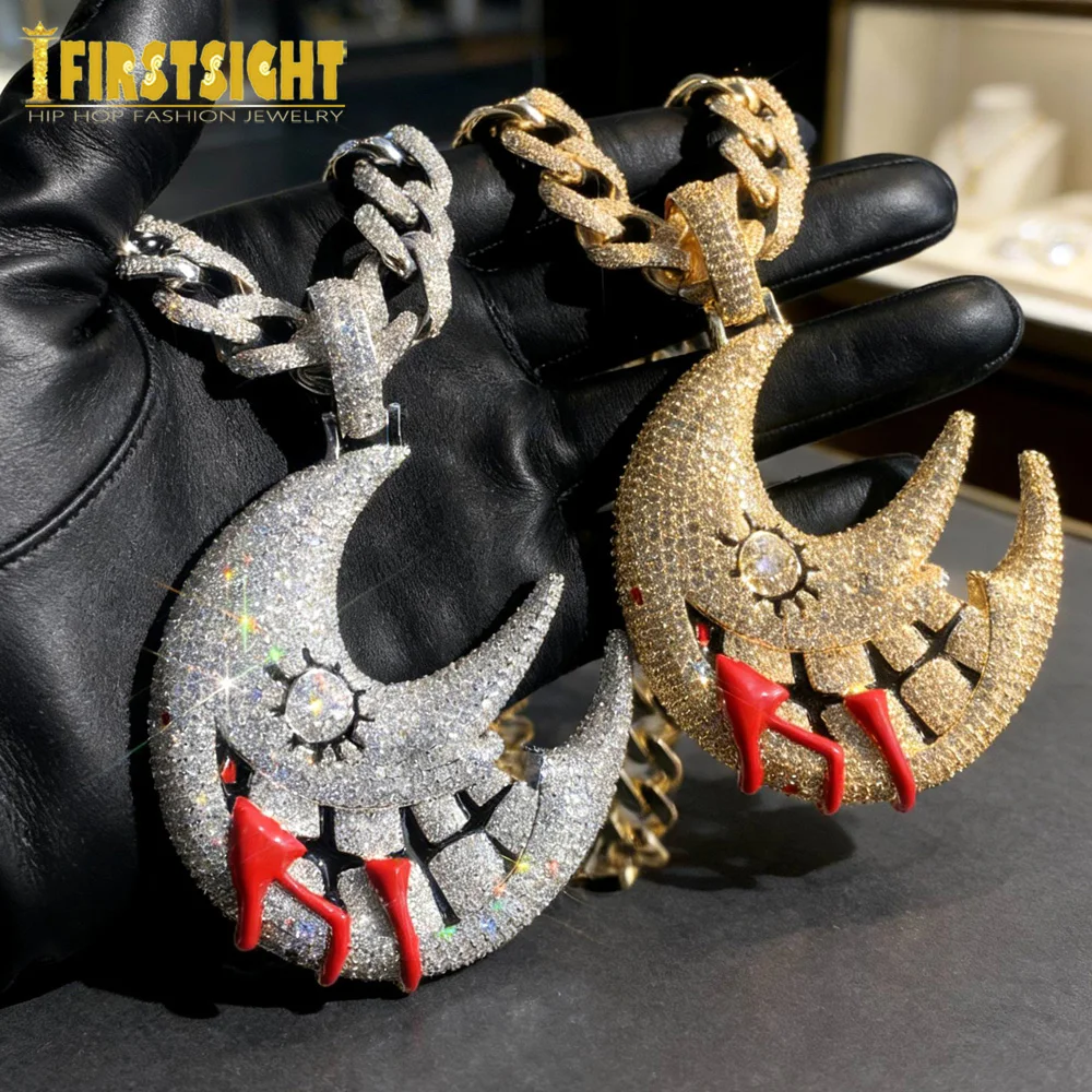 Iced Out Bling Big CZ Moon Mouth Pendant Necklace Silver Color Cubic Zircon Red Dripping Lips Charm Hip Hop Men Women Jewelry
