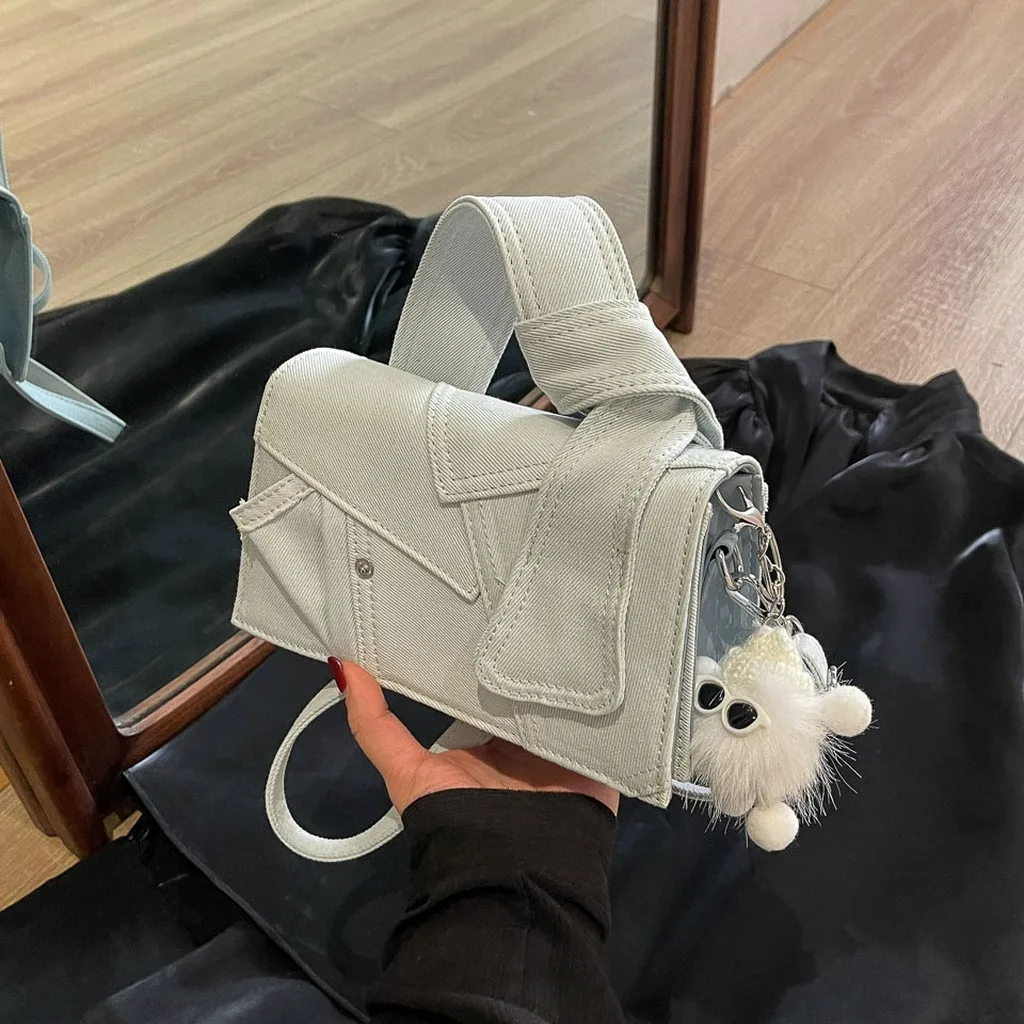 Women's Denim Colorblock Small Square Handbag Casual Top Handle Crossbody Shoulder Bag With Cute Plush Pendant