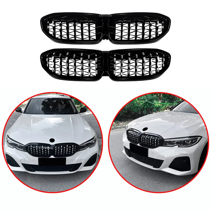 For BMW 3 Series G20 G21 G28 2019-2022 High Quality ABS  Diamond Mesh Kidney Grille  Car Front Bumper Grill Glossy Black
