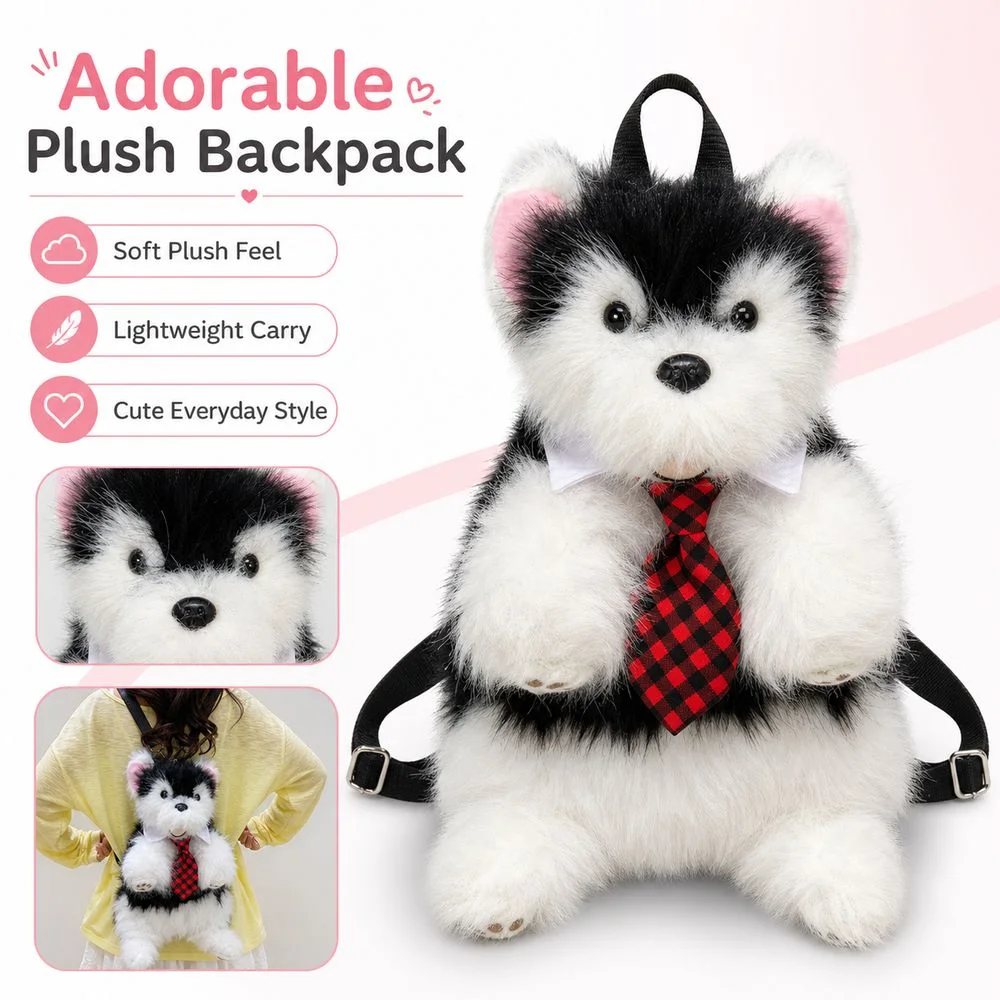 New Wear Tie Simulated Puppy Backpack Soft Fluffy Cute Cartoon Doll Backpack Cute Animal Shape Dog Backpack Daypack