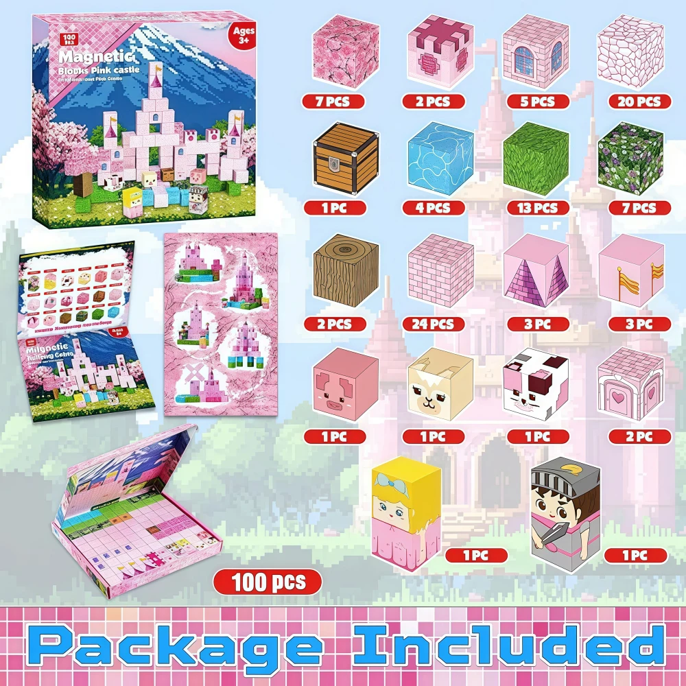 Bloques de construcción magnéticos para niña, conjunto de castillo rosa, montaje gratuito, decoración creativa 3D DIY, juguete educativo STEM, regalo, caja Premium, 100 Uds.