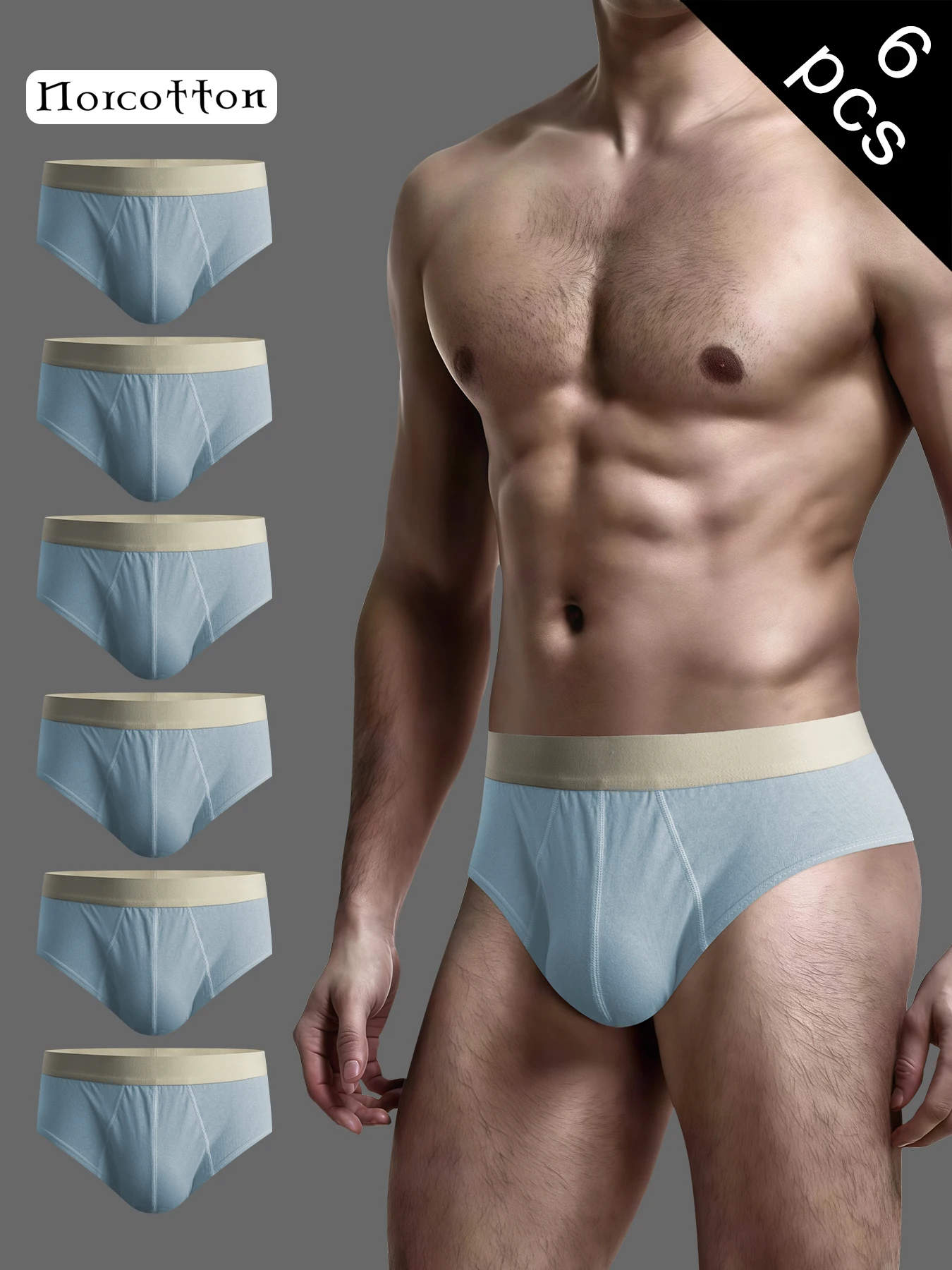 Norcotton 6-Pack Men's Blue Pure Cotton Briefs, Available in Various Color Combinations, Soft, Skin-Friendly, and Breathable, Suitable for Home and Daily Commuting Wear