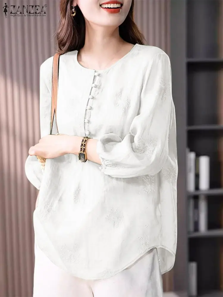 ZANZEA Casual Loose Solid Color Tops Women Printed Blouse Fashion Holiday 3/4 Sleeve Round Neck Blusas 2024 Summer Korean Tunics