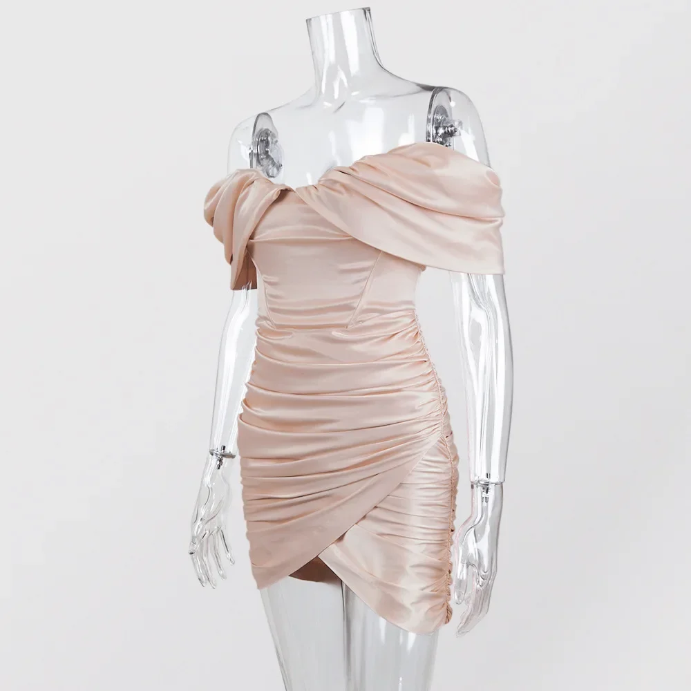 Abito aderente in raso di alta qualità Abito da donna con spalle scoperte Mini nuovo abito da sera per celebrità estivo a doppio strato