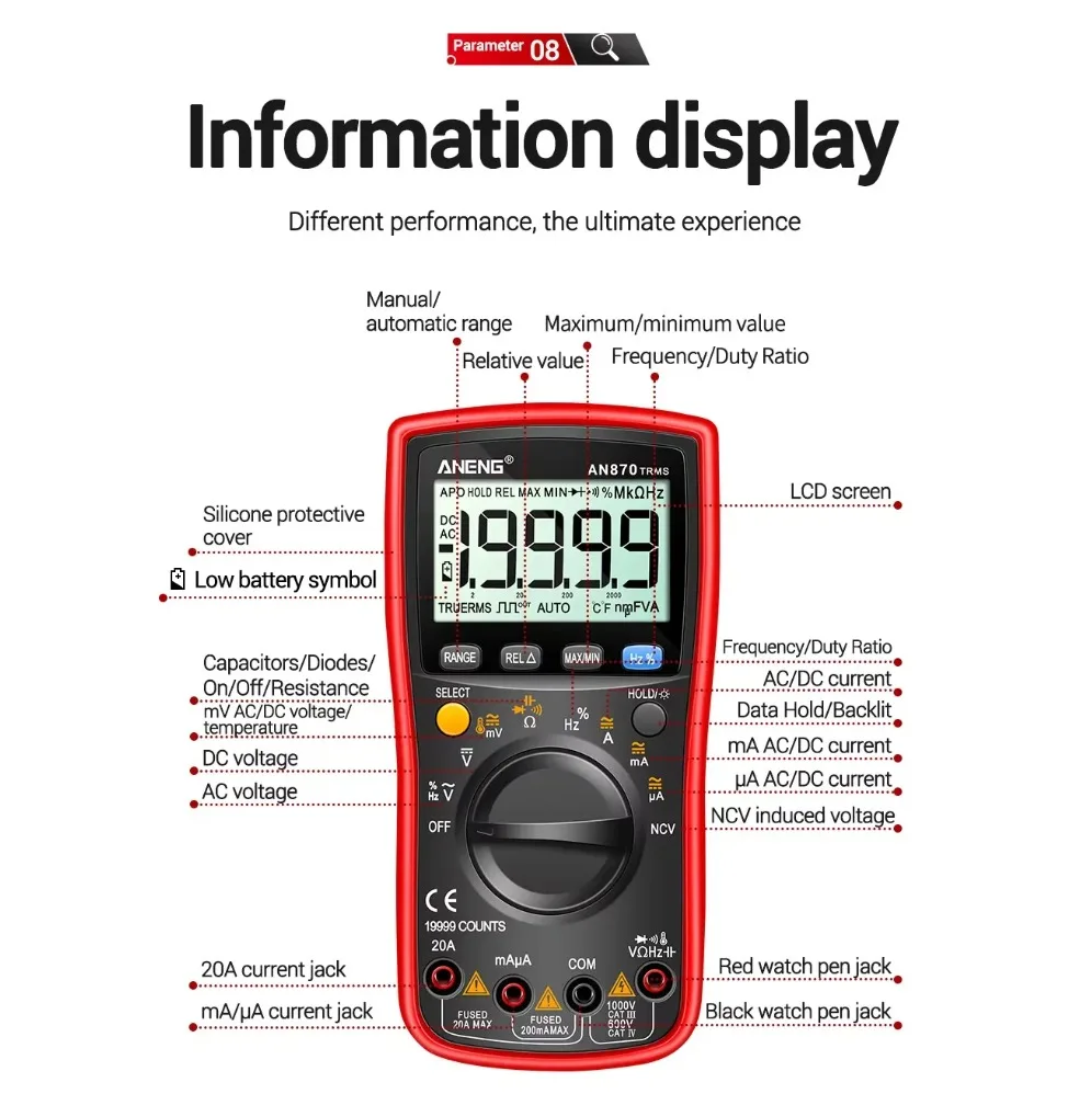 ANENG AN870 Smart Multimeter Ohm Counts AC Current NCV Capacitance Test Tool Digital Profesional 19999 Resistance Voltage Tester view 5
