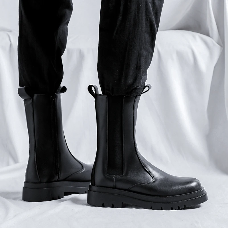 Stivali da camino alti moda di lusso da uomo tendenza nera scarpe in pelle originali piattaforma stivali da moto bello lungo chelsea botas