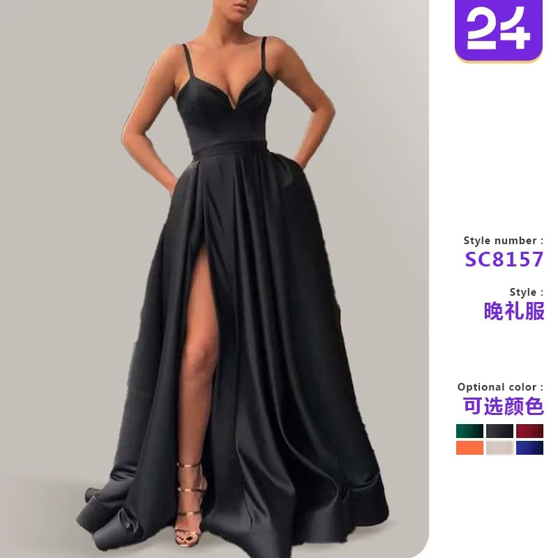 Spring Summer Women's Clothing Slimming Solid Color Strap Evening Dresses Elegant Luxury Party Dress For Woman Satin Maxi Gown