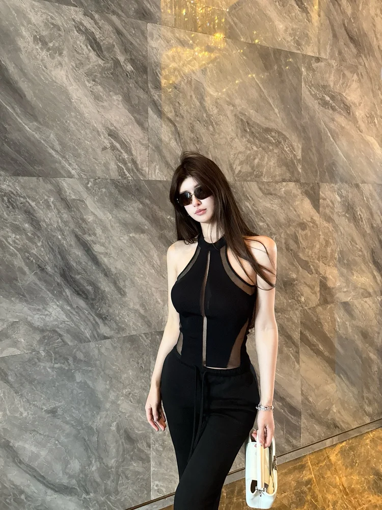 

M900 Black Hanging Neck Vest Women's Summer New Net See-through Slimming Sexy Sleeveless Top Hollow out Diamond Embellished