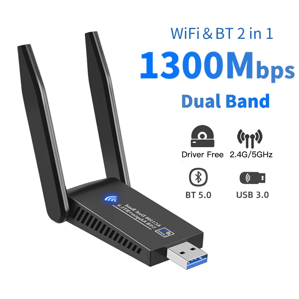 

1300Mbps USB 3.0 WiFi Adapter Bluetooth 5.0 Dongle Dual Band 2.4G/5Ghz WiFi 6 Network Wireless Wlan Receiver For PC/Laptop Win11