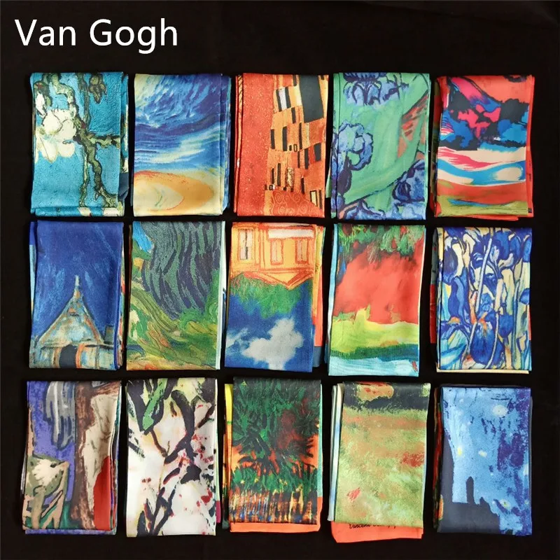 Van Gogh Oil Painting Twill Silk Scarf Women Neckerchief Skinny Scarf Bag Ribbons Female Neck Tie Head Scarves Wraps For Ladies