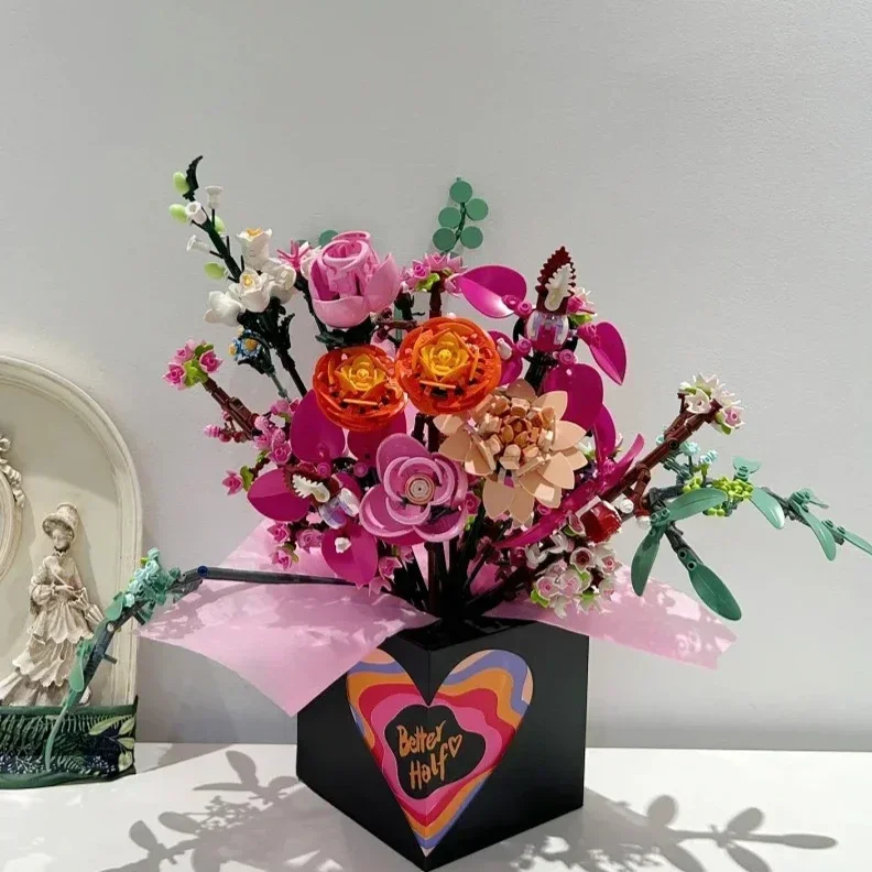 2025 جديد رومانسي جميل الوردي زهرة باقة اللبنات الإبداعية ديكور المنزل الاطفال ألعاب تعليمية هدايا العيد 749 قطعة #4