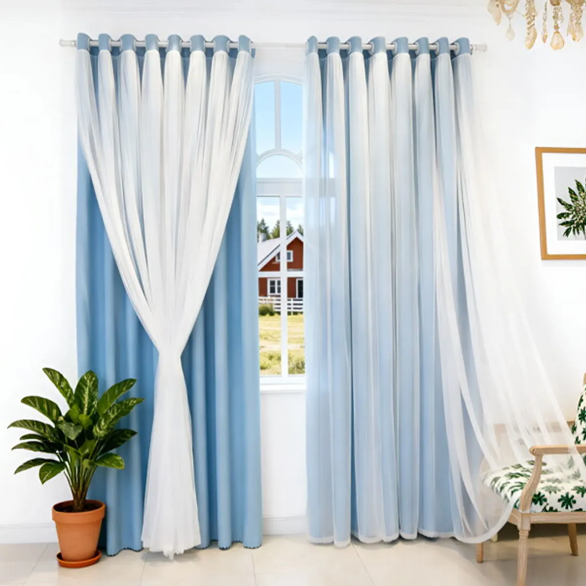 Blue‑White Double Layer Grommet Curtains 2pcs, Sheer Overlay Window Drapes, Modern Decor Curtain for Bedroom Living Room