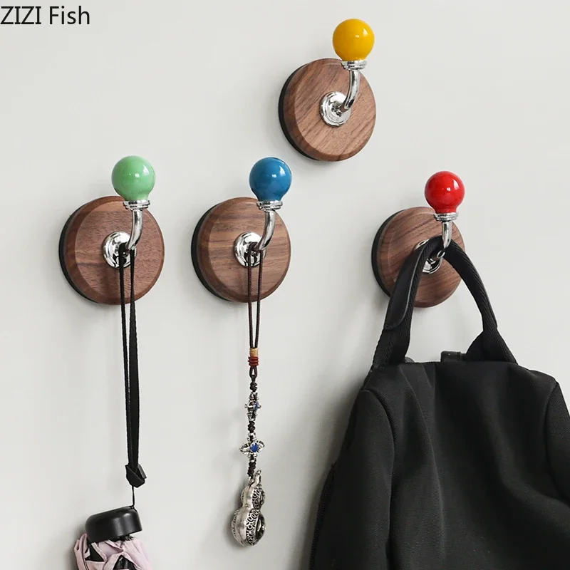 Ceramic Ball Walnut Magnetic Hook Paste Storage Hooks Decorative Hooks Refrigerator Magnet Key Hook Coat Rack Wall Storage Rack