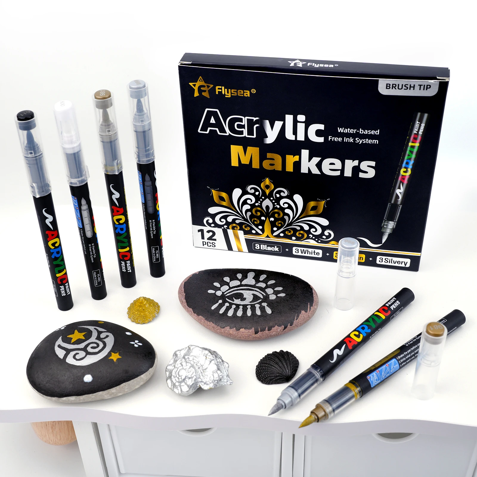 12-Pack (Gold, Silver, Black, White) Direct Liquid Acrylic Paint Marker Pens, Paint Markers, Felt-Tip Pens Stationery Set, Art Painting, DIY Crafts