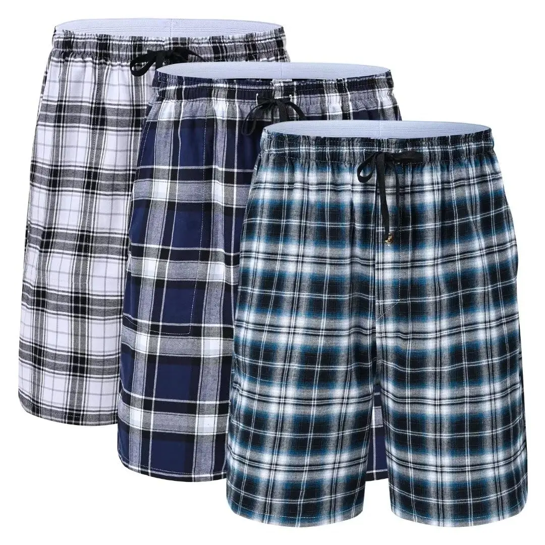 Conjunto de calças de pijama xadrez masculino, calção de dormir elástica, roupa caseira macia e aconchegante, 100% algodão, 3 peças