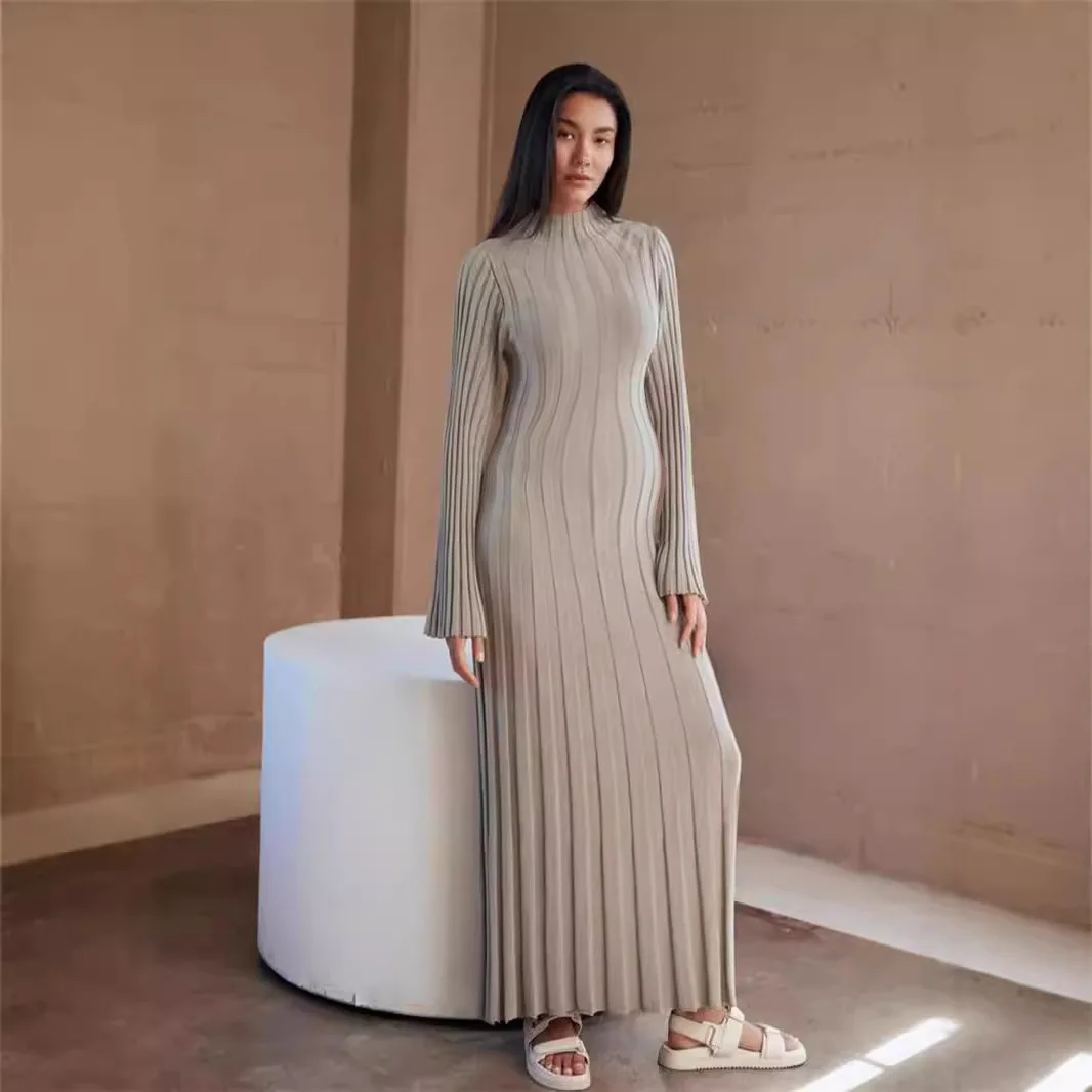 

Luxury Vintage Big Pit Stripe Knit Long Dress Women Slim High Waist Dresses Long Sleeve Autumn Winter Knitted Sweater Dress Chic