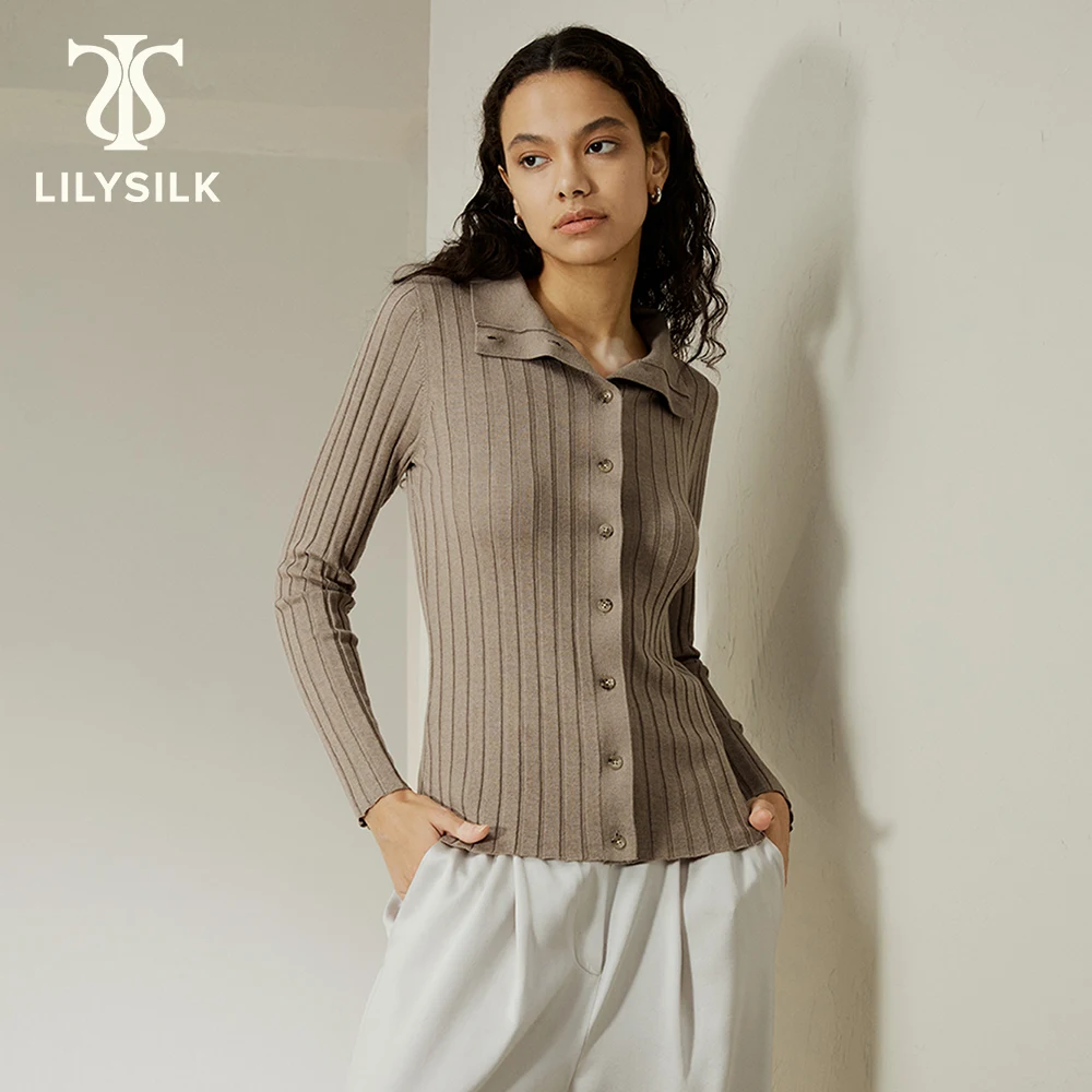 LILYSILK Silk-Cashmere Blend Women\'s Cardigan 2023 Autumn New Solid Ribbed Button Front Turn Down Collar Outwear Free Shipping