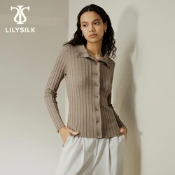 Lilysilk Seide-Kaschmir-Mischung Damen Cardigan 2023 Herbst neue solide gerippte Knopf vorne umdrehen Kragen Outwear versand kostenfrei