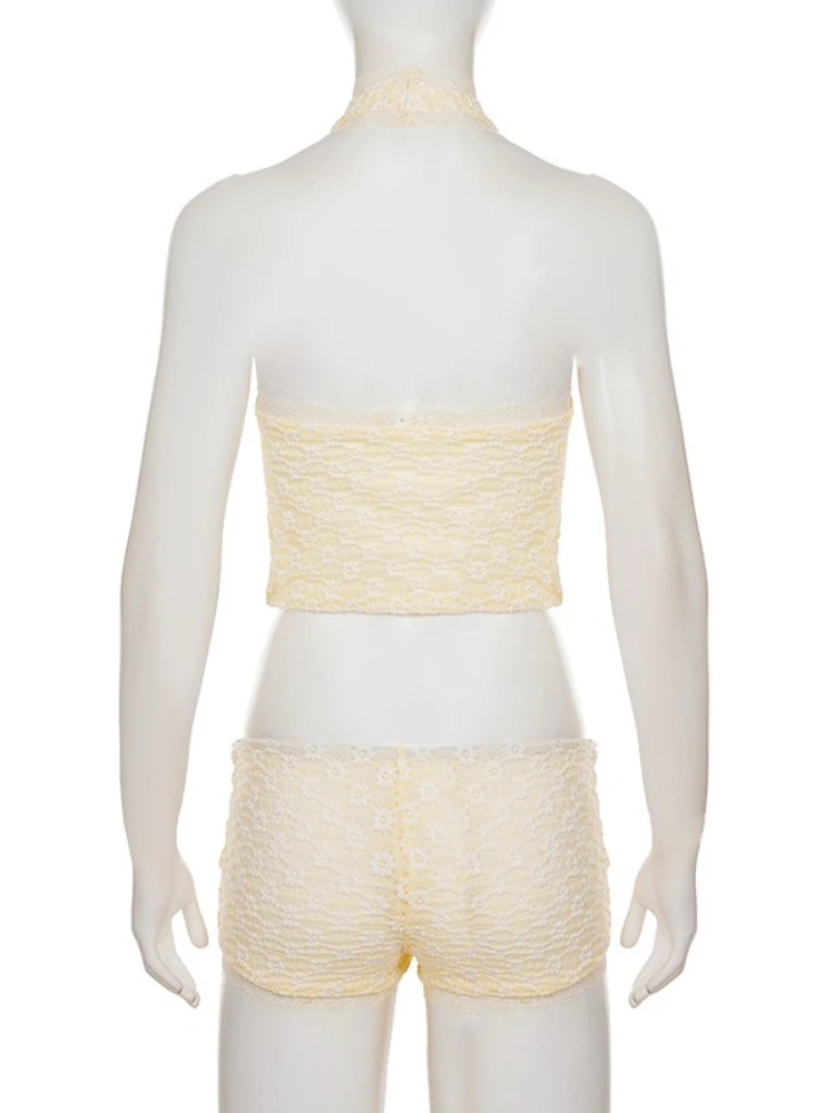 SsTss Słodki Komplet Dwuczęściowy z Koronkową Kokardą Damski Letni Seksowny Top typu Halter z Dekoltem w Serek Bez Rękawów z Odkrytymi Plecami i Szorty Seksowny Strój