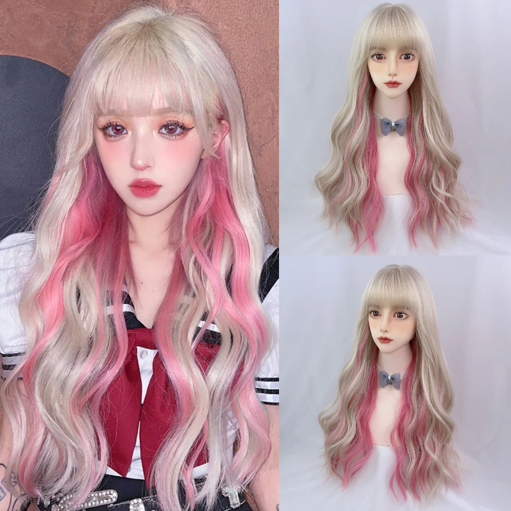 

VICWIG Long Wavy Synthetic Pink Women Wig with Bangs Lolita Cosplay Fluffy Wig Heat Resistant for Daily Party