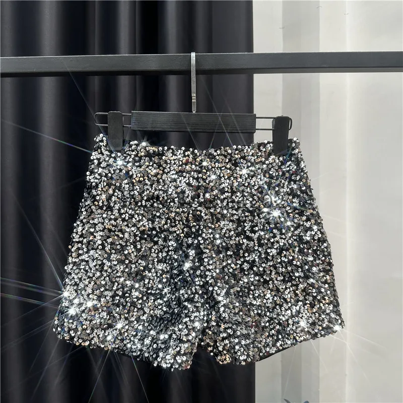 

Silver Black Womens High Waisted Sequin Shorts Sparkle Glitter Party Performance Rave Shorts Party Wear Hot Pants