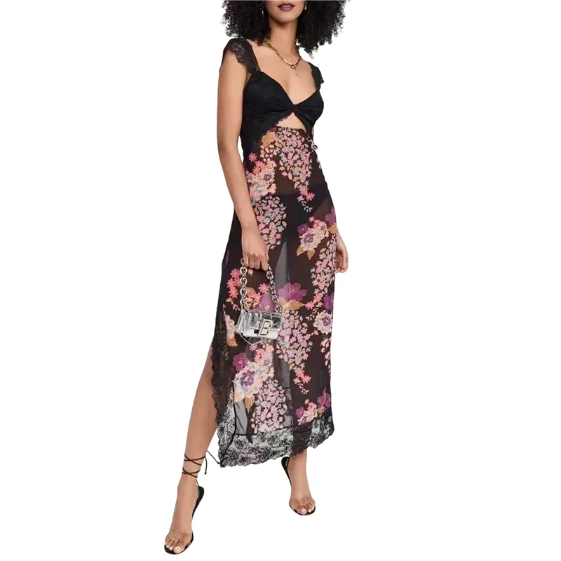 Asds-feminino renda retalhos malha maxi vestido floral impressão recorte querida pescoço sem costas fenda verão y2k vestidos longos