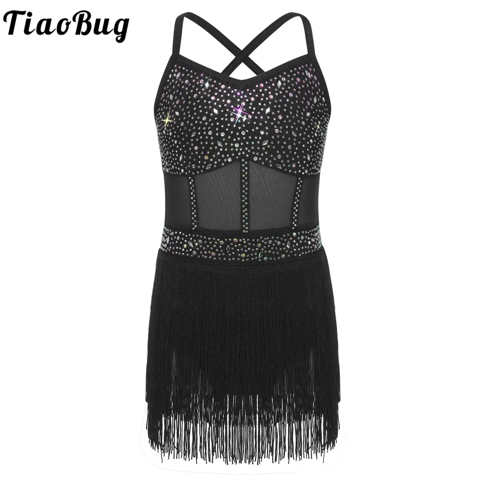 

Платье-купальник для латинских танцев ча-ча и самбы для девочек, детский костюм для танго со стразами, цельное боди с прозрачной сетчатой бахромой, одежда для джазовых танцев