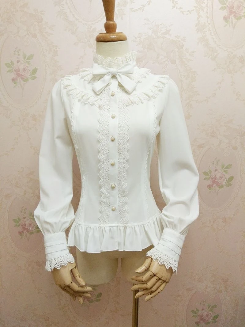 

Spring Autumn Japanese Women Lolita Shirt Stand up Collar Lantern Sleeve Long Sleeve Blouse Gothic Cross Lace Top