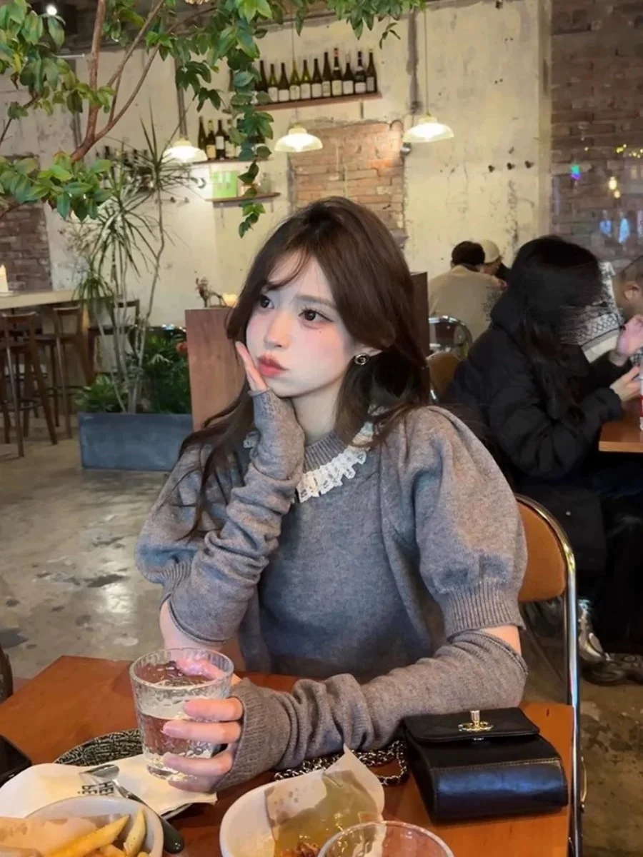 Detachable Sleeve Knitted Sweater Women Pullovers Oversize Spring Balloon Layered Romantic Fairycore Festival Cottagecore Wear