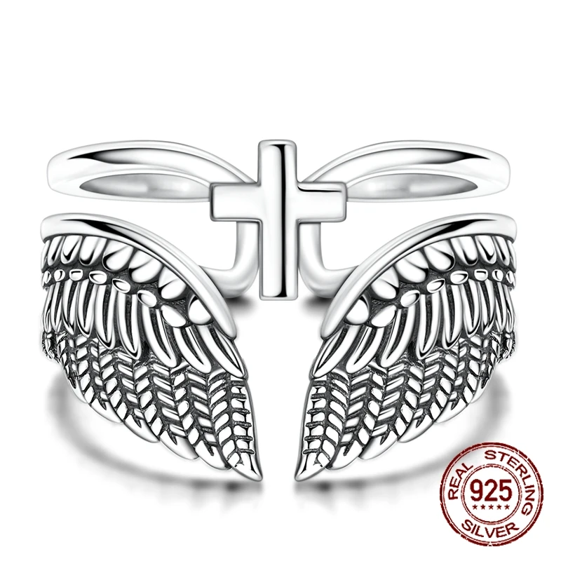 

925 Sterling Silver Vintage Angel Wings & Cross Double Band Ring Adjustable Open Ring for Women Girls Daily Wear Jewelry Gift