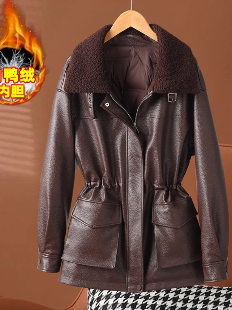 Fashionable white duck down leather jacket women's loose lapel collar winter new mid to long style drawstring waist jacket