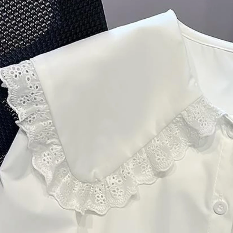 Lace Shirts Women S-3XL Peter Pan Collar Sweet College Japanese Style Ins Simple All-match Casual Spring Ruffles Fashion Ulzzang